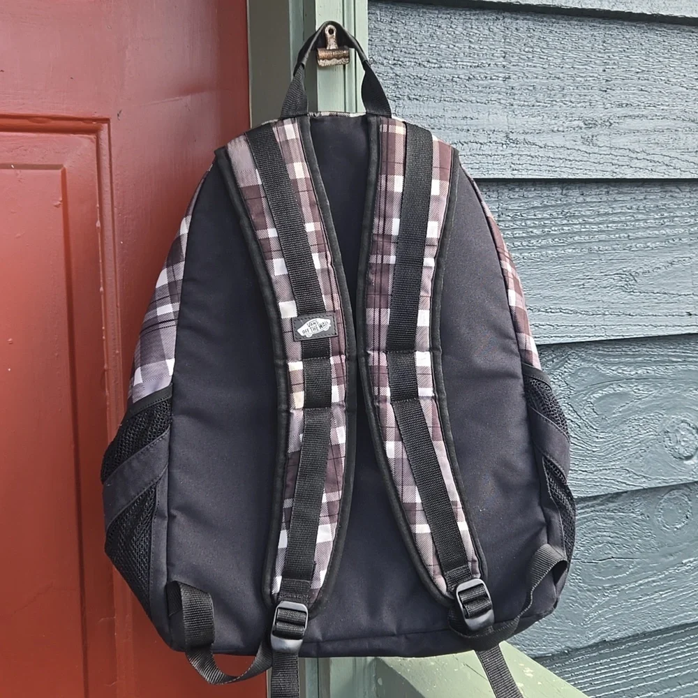 Vans Black White Plaid Backpack School Campus Skater Y2K Streetwear Travel Bag